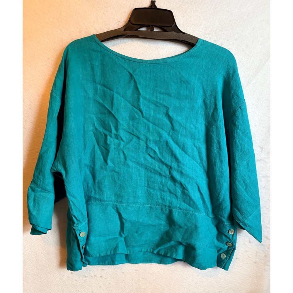 Bryn Walker Womens Small Teal 100% Linen Boxy 3/4 Sleeve Side Button Top